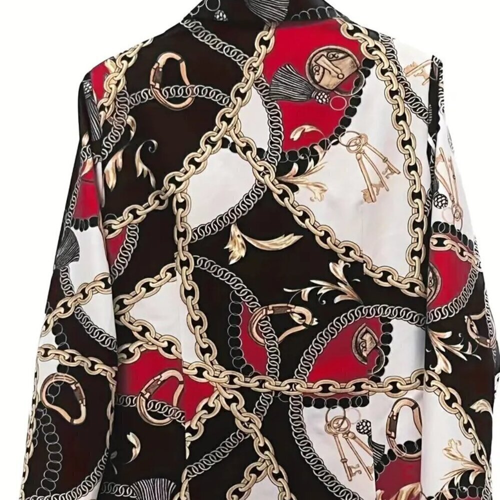 Elegant Long Sleeve Chain Print One Button Blazer - Picture 3 of 3
